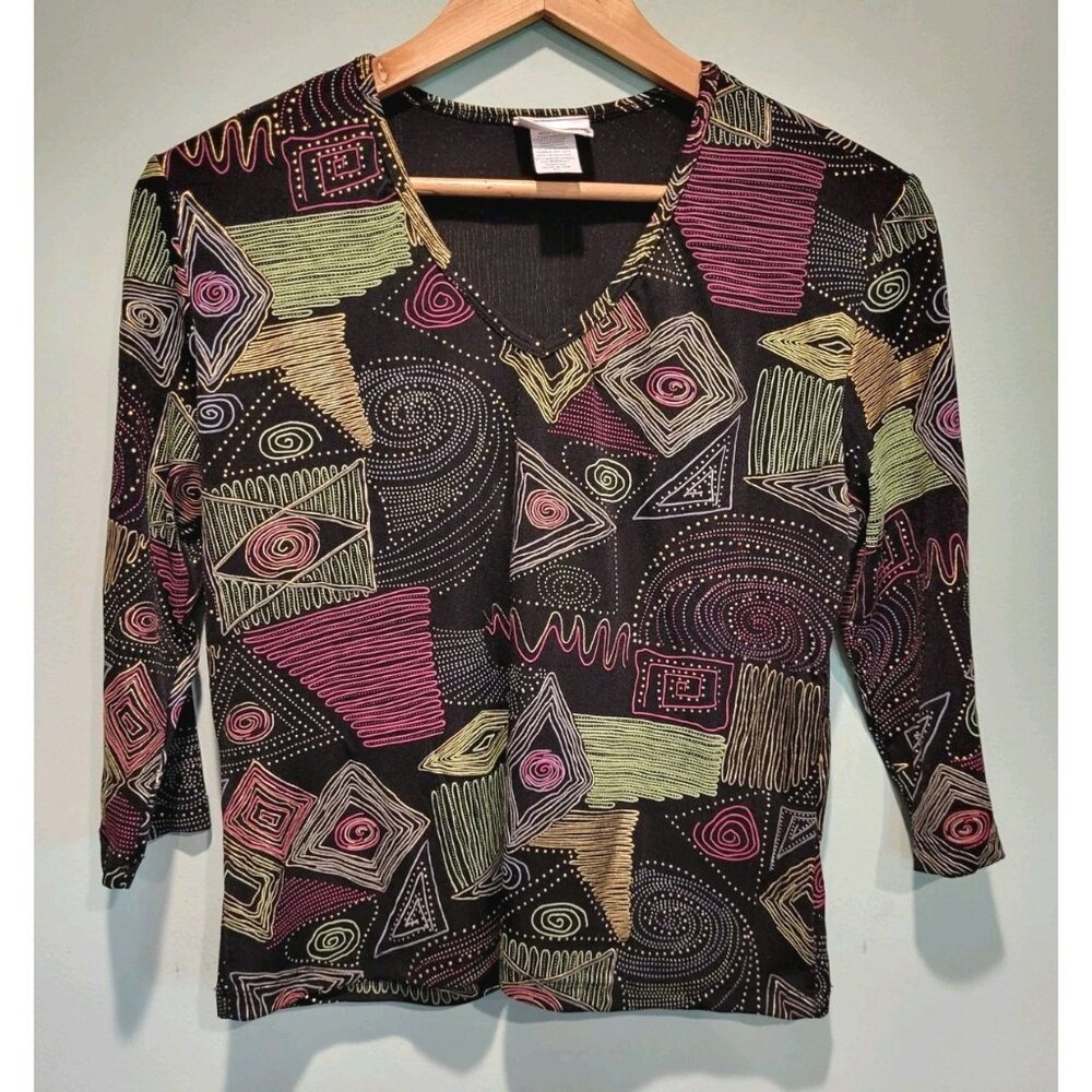 Vtg Dark Multicolor Artsy Geometric 3/4 Sleeve Stretchy Top Sz Lp Lauren Scott